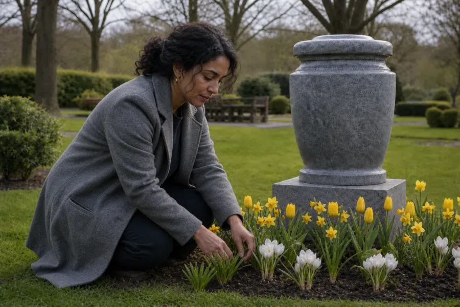 Herdenkingstuin met bloemen op een graf