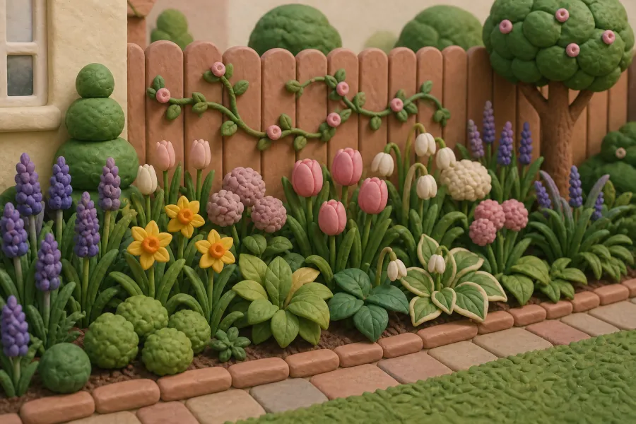 Achtertuin borders met bollen en vaste planten